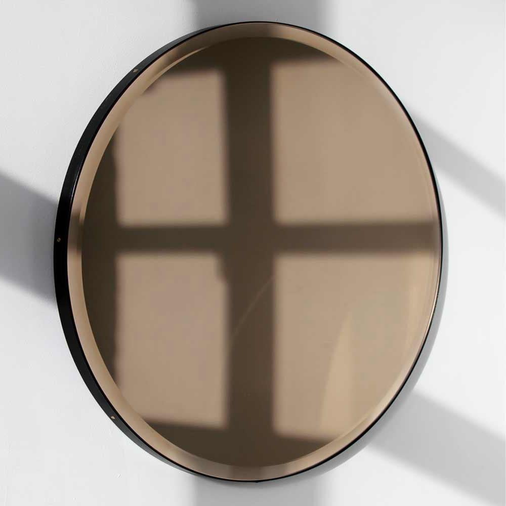 British In Stock Orbis Bevelled Bronze Tinted Round Mirror, Black Frame, Medium For Sale