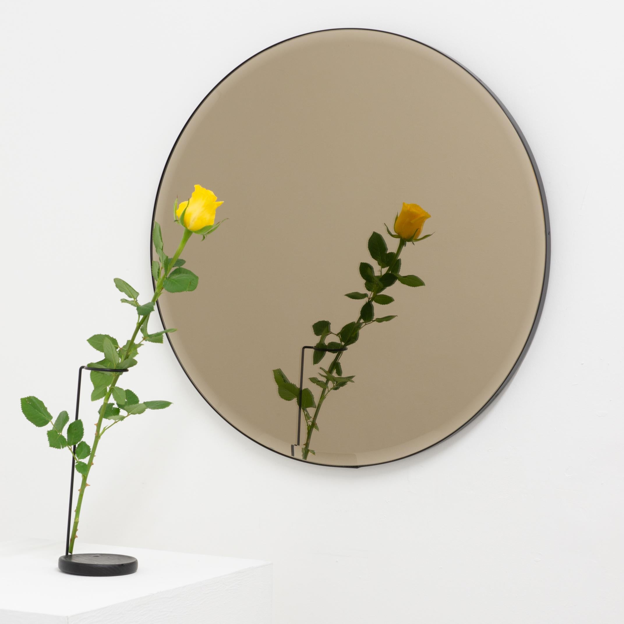 Powder-Coated In Stock Orbis Bevelled Bronze Tinted Round Mirror, Black Frame, Medium For Sale