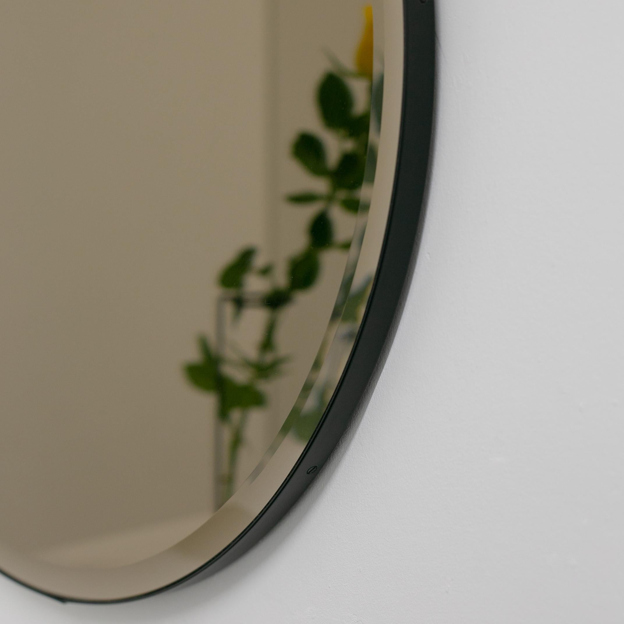 In Stock Orbis Bevelled Bronze Tinted Round Mirror, Black Frame, Medium In New Condition For Sale In London, GB