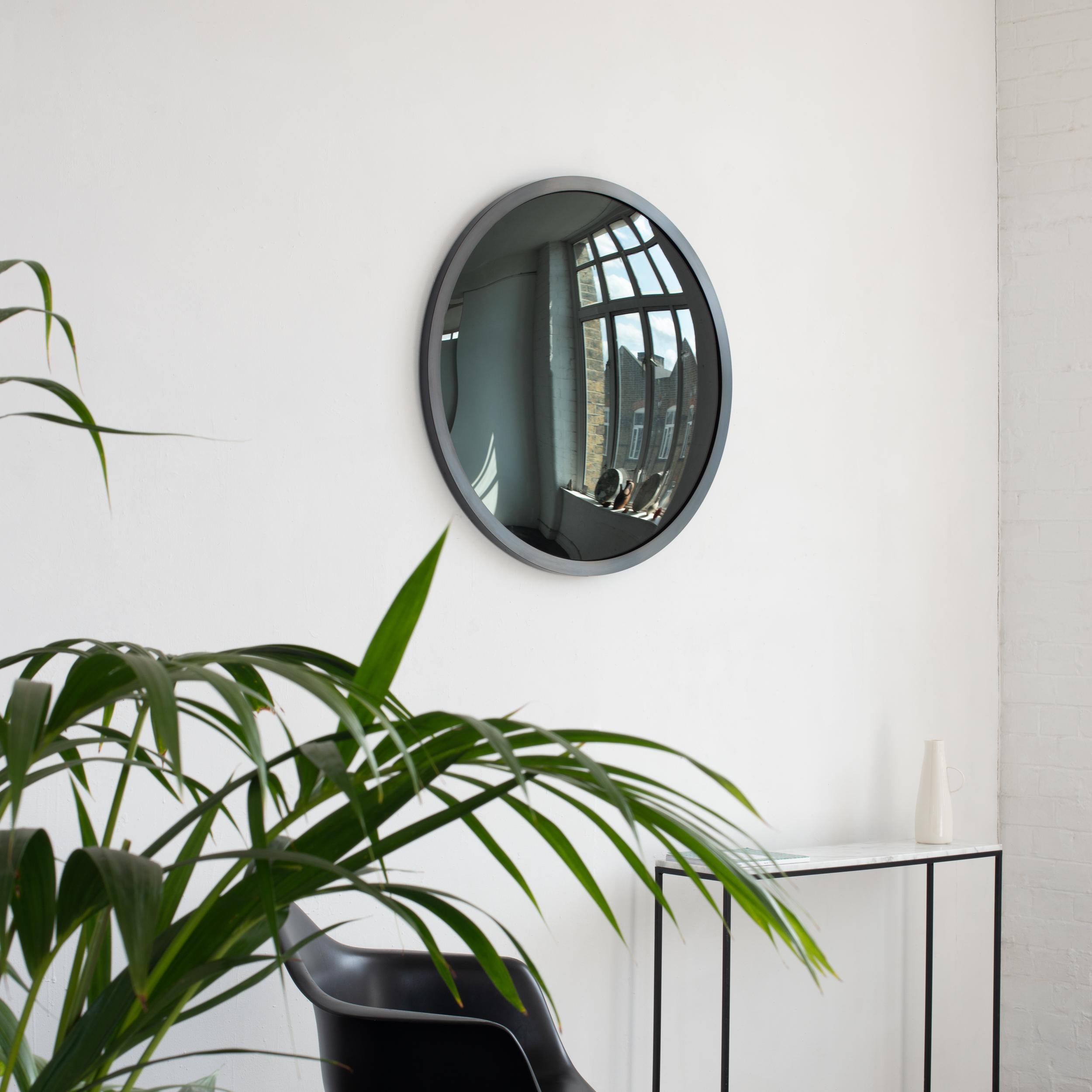 Organic Modern In Stock Orbis Round Black Tinted Convex Mirror, Blackened Metal Frame, Large For Sale