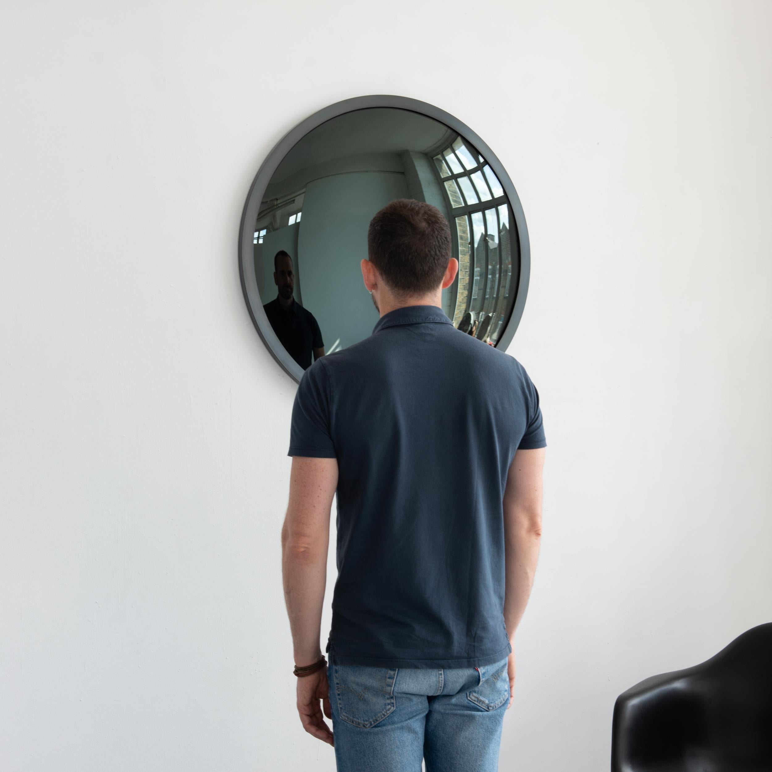 Contemporary In Stock Orbis Round Black Tinted Convex Mirror, Blackened Metal Frame, Large For Sale