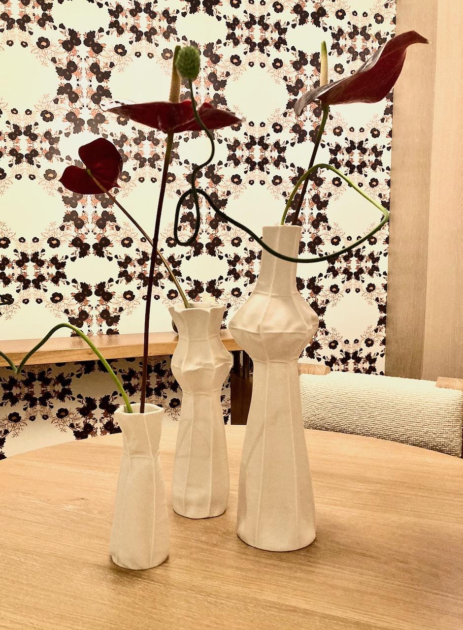 Modern Pair of Tall White Ceramic Kawa Vases, Leather cast Porcelain, Organic For Sale
