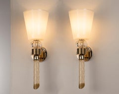 In stock pair of White gold Murano Glass italian Sconces with Gold plated Frame