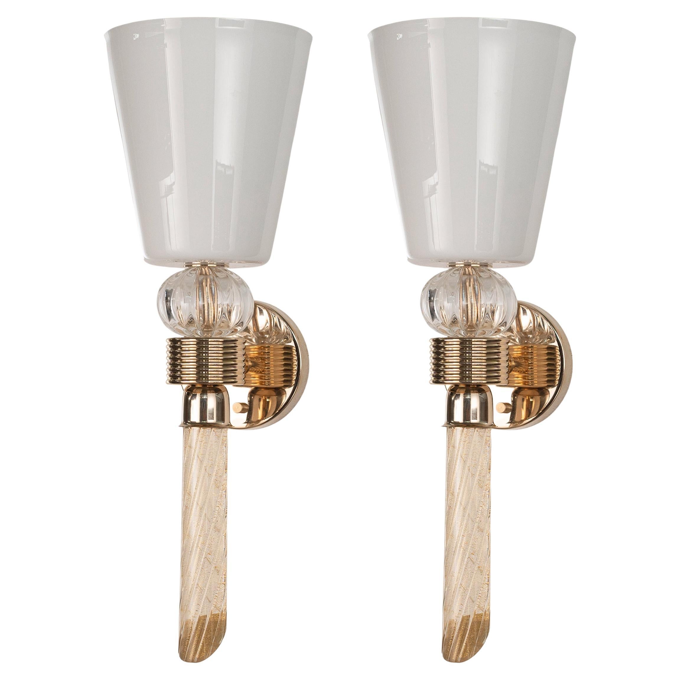 In stock pair of White gold Murano Glass italian Sconces with Gold plated Frame