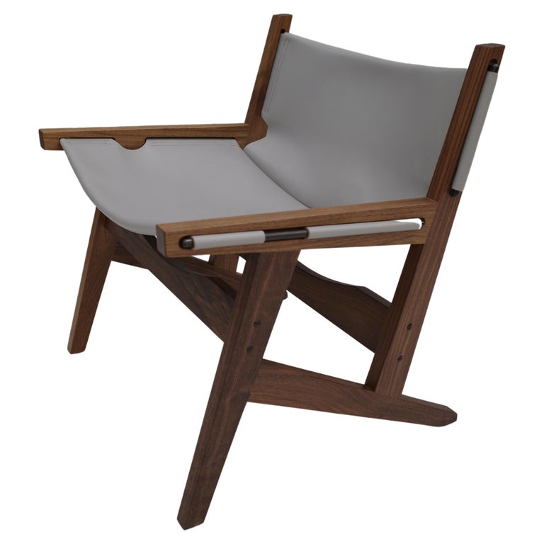In Stock Peninsula Lounge Chair, Walnut Leather Sling Chair with Brass