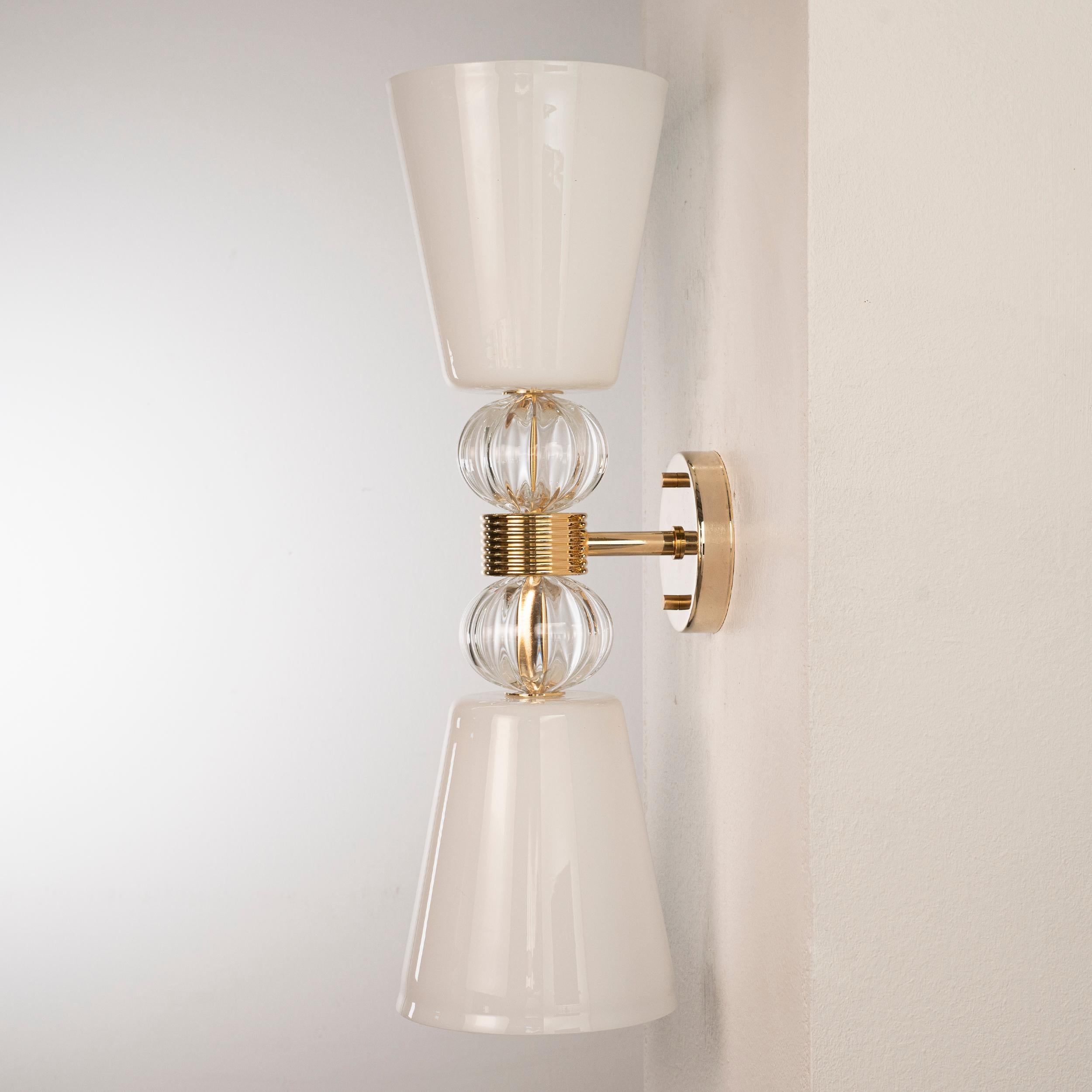 Italian In stock! Set of 2 White and clear Murano Glass sconces with gold plated Frame For Sale