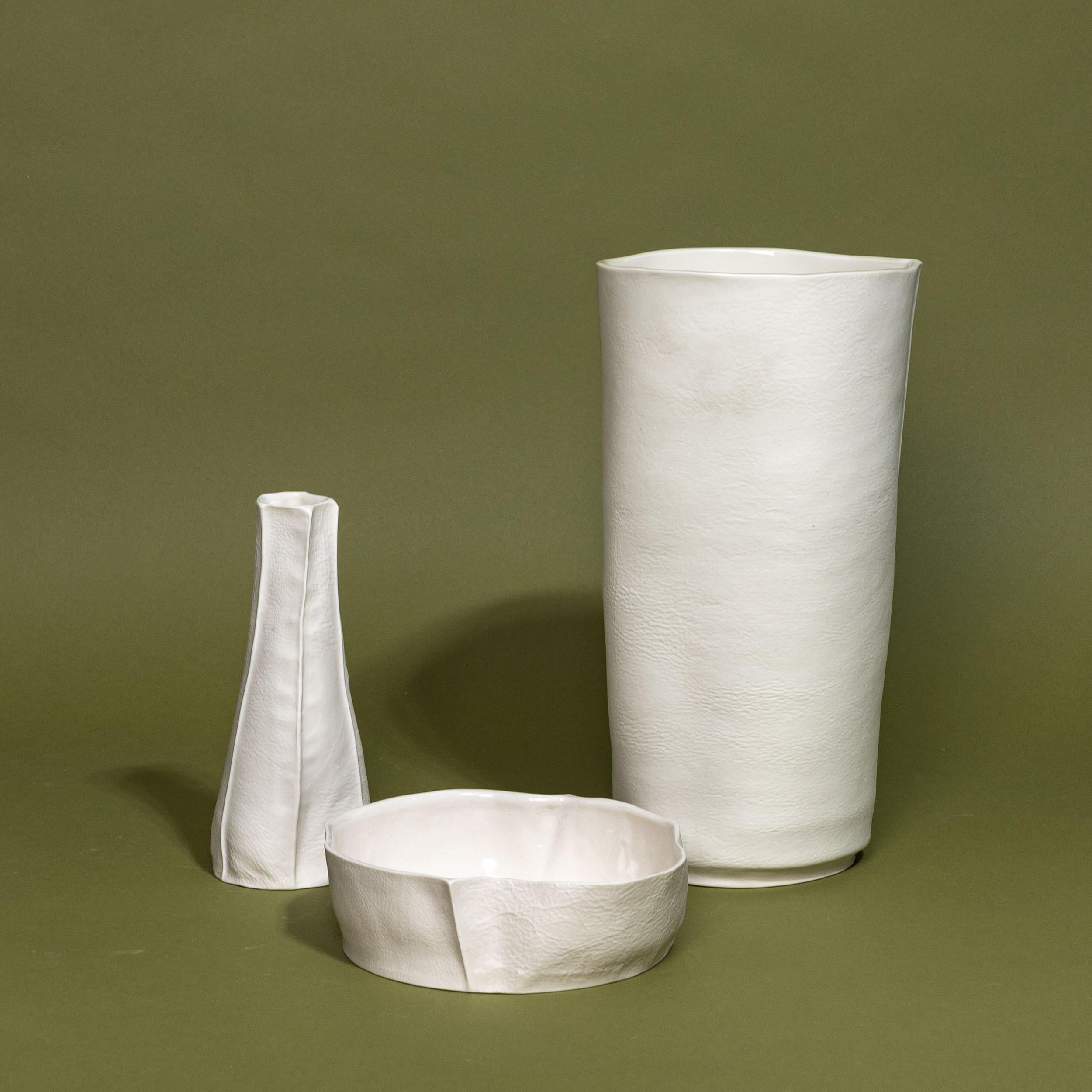 Modern In-Stock, Set of 3 White Ceramic Vases & Dish, Luft Tanaka, Porcelain, Organic For Sale