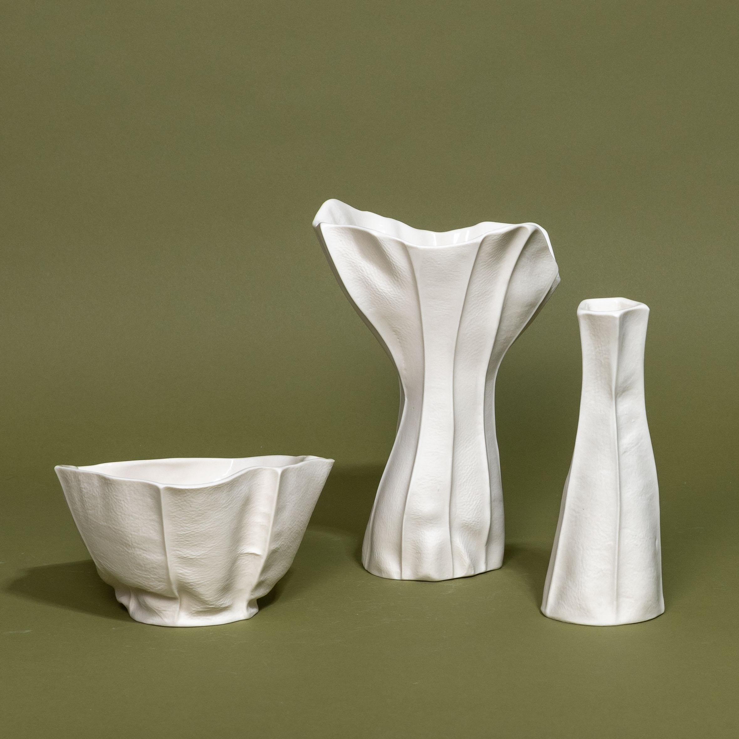 American In-Stock, Set of 3 White Ceramic Vases & Bowl, Luft Tanaka, Porcelain, Organic