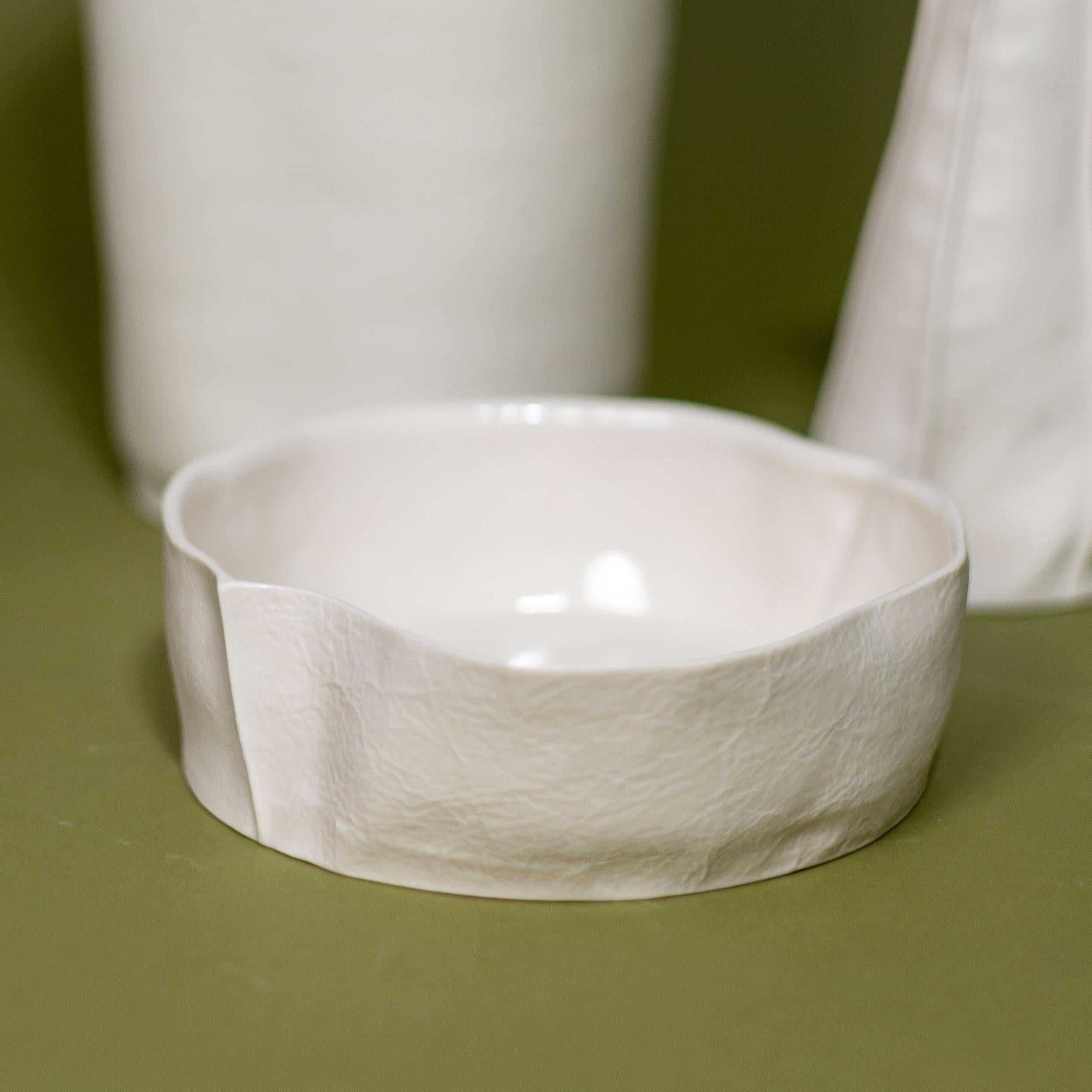 Hand-Crafted In-Stock, Set of 3 White Ceramic Vases & Dish, Luft Tanaka, Porcelain, Organic For Sale