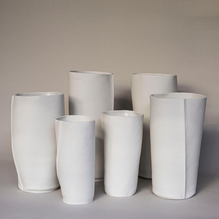 Set of 3 White Ceramic Kawa Vessels, Leather textured organic Porcelain vases For Sale 1