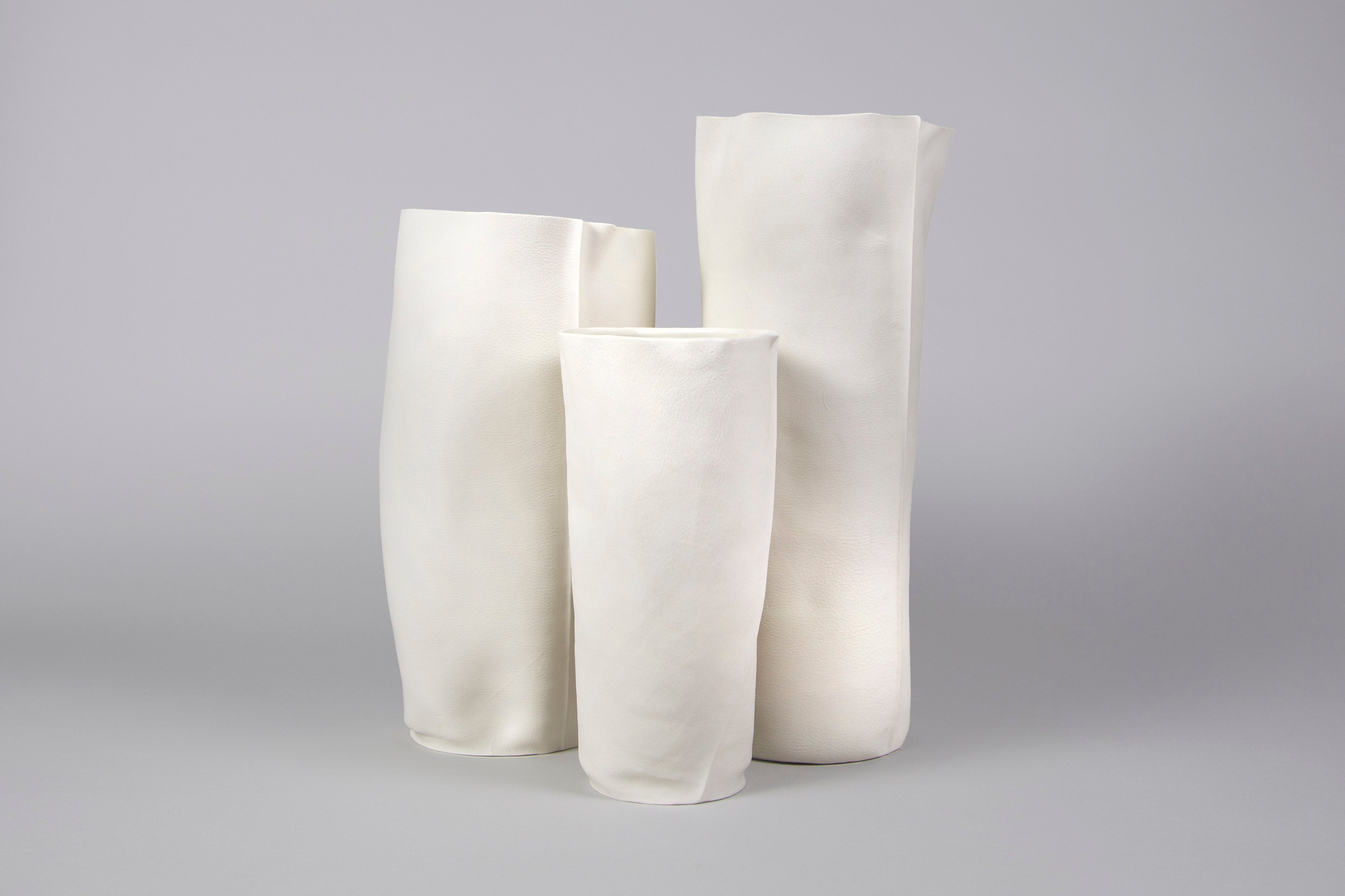 Contemporary Set of 3 White Ceramic Kawa Vessels, Leather textured organic Porcelain vases For Sale