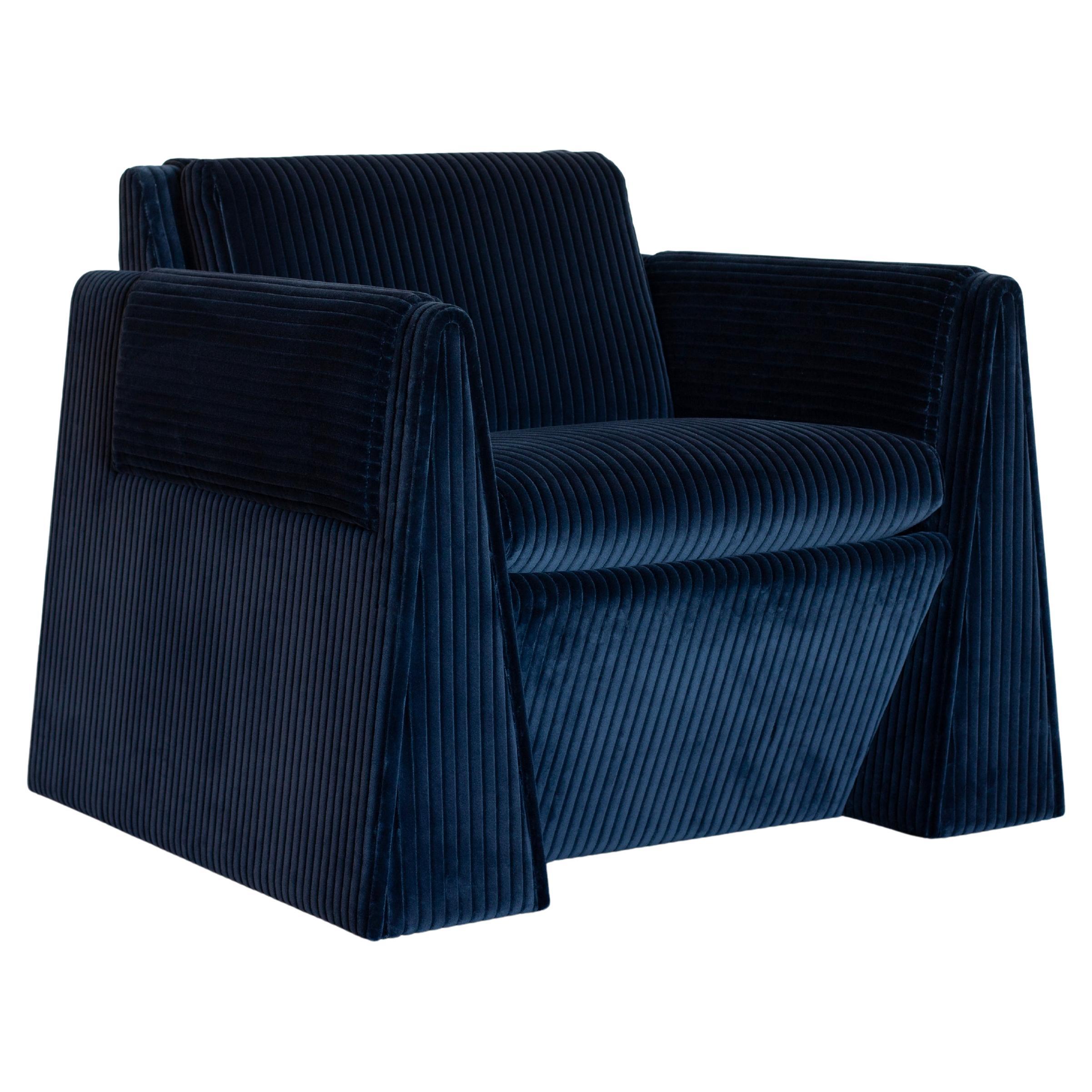 In Stock Tabei lounge chair by Crump and Kwash in Blue Corduroy