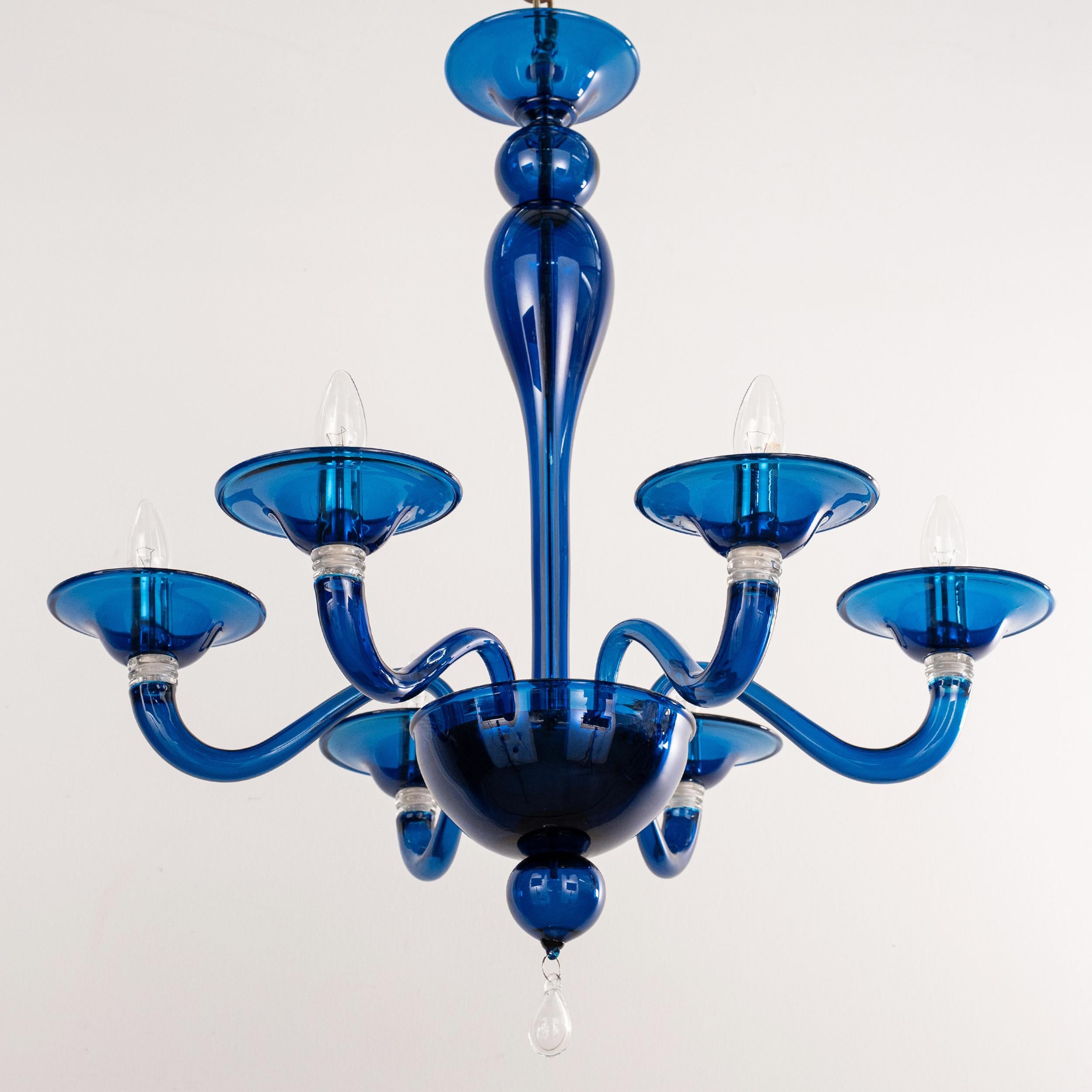 Italian In stock Unique Murano Blue glass chandelier 6 lights, Vintage Made in Italy For Sale