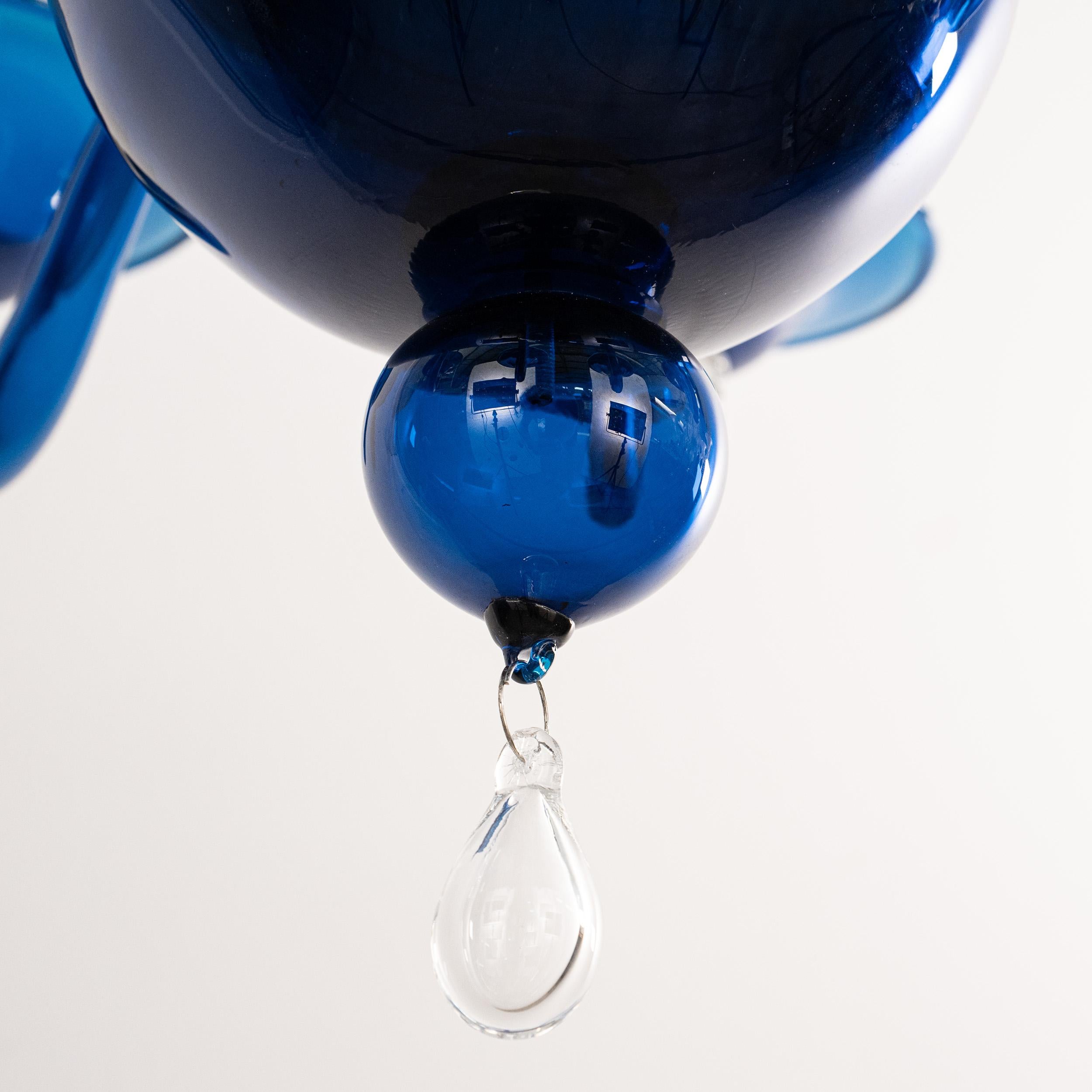 20th Century In stock Unique Murano Blue glass chandelier 6 lights, Vintage Made in Italy For Sale