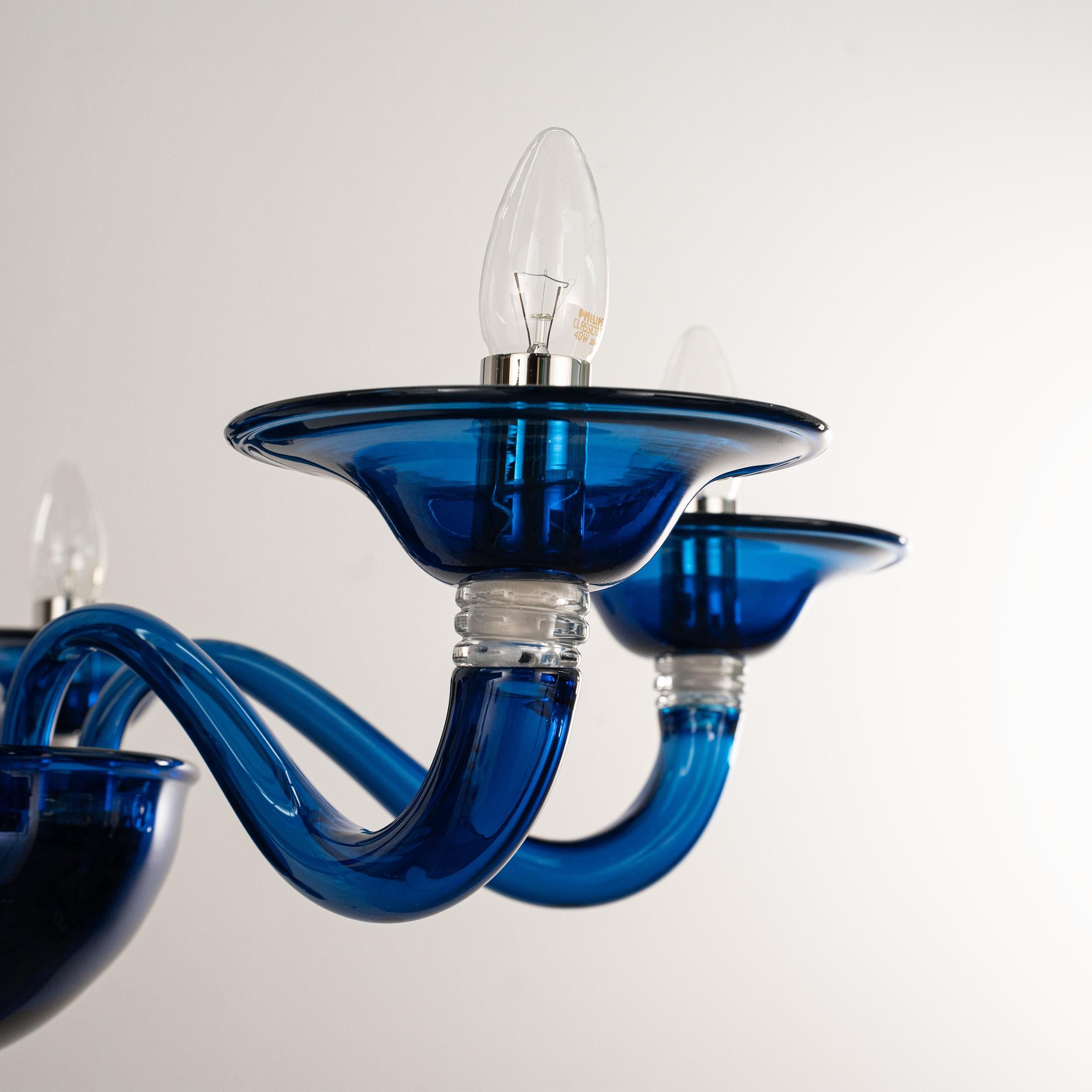 Brass In stock Unique Murano Blue glass chandelier 6 lights, Vintage Made in Italy For Sale