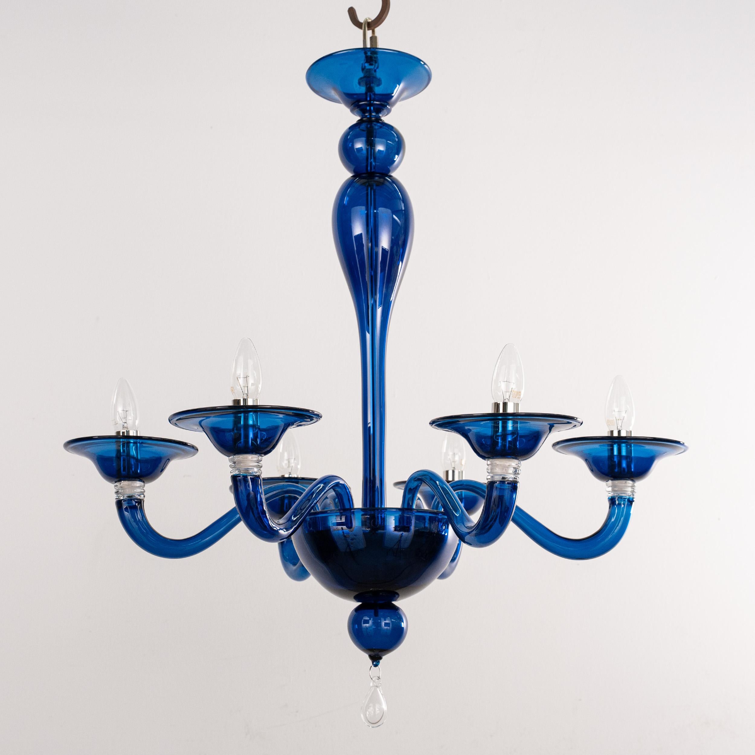 In stock Unique Murano Blue glass chandelier 6 lights, Vintage Made in Italy For Sale 2