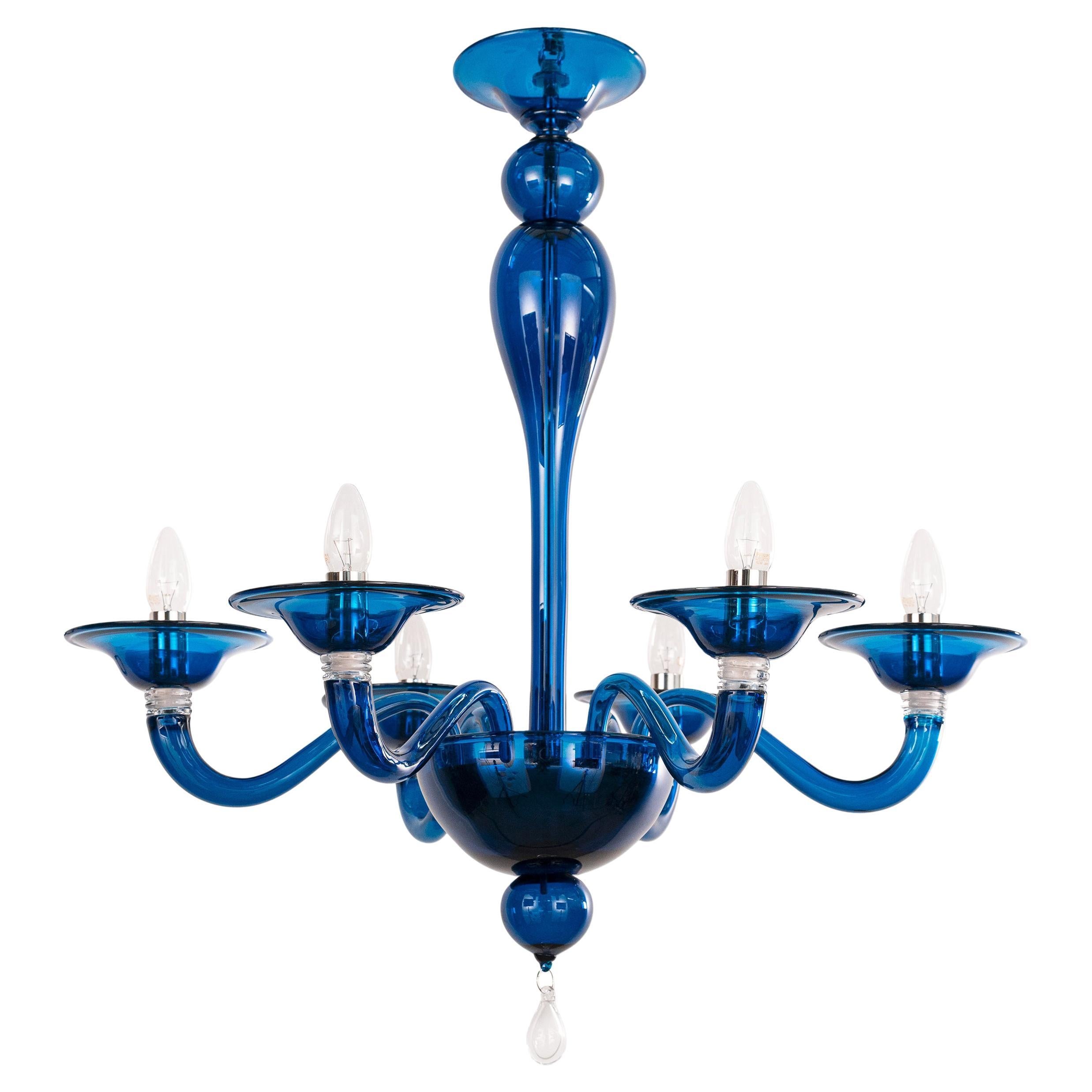 In stock Unique Murano Blue glass chandelier 6 lights, Vintage Made in Italy For Sale