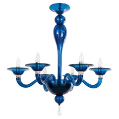 In stock Unique Murano Blue glass chandelier 6 lights, Vintage Made in Italy