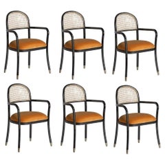 In-Stock Vintage Orange Velvet Rattan Dining Armchairs, Set of 8