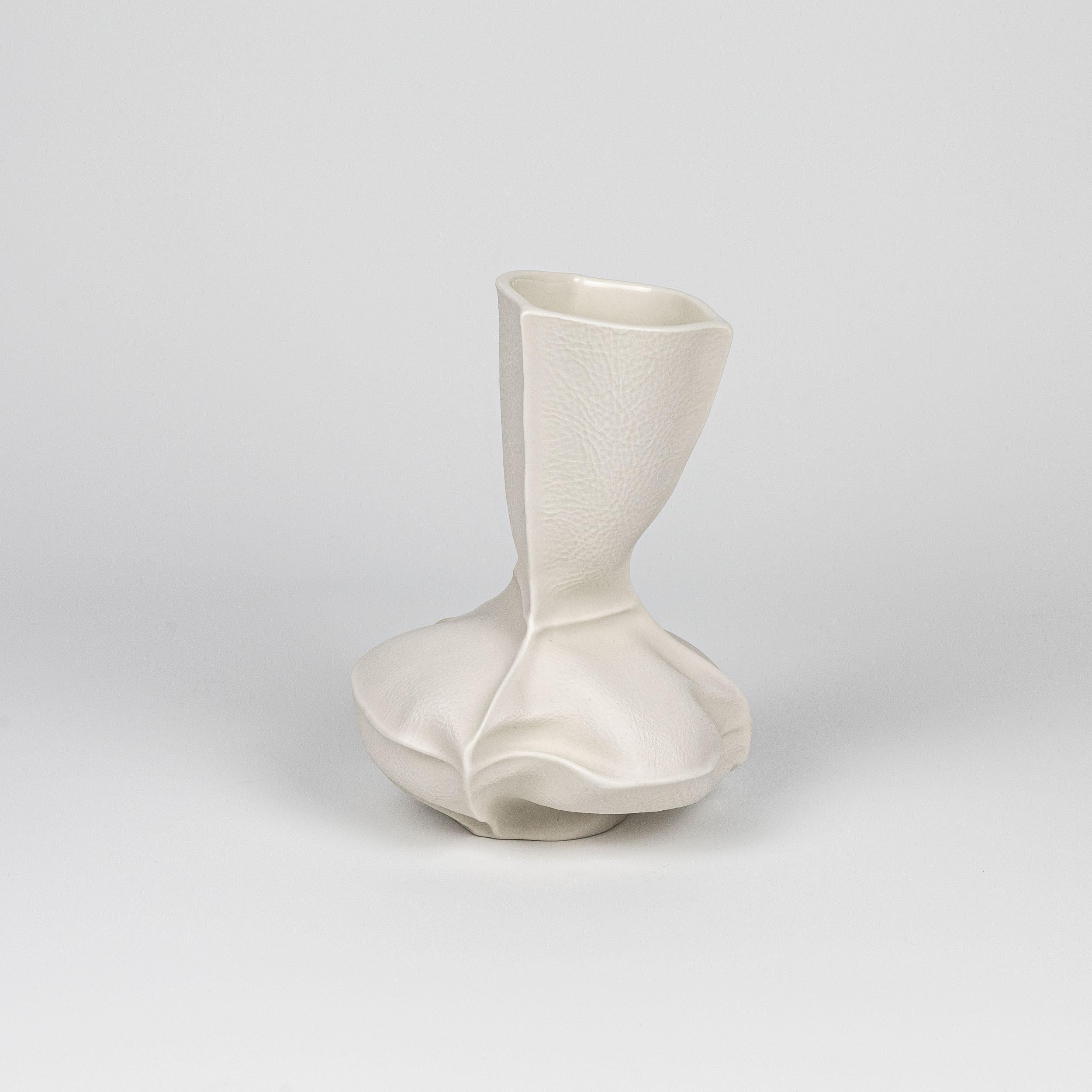 American White Organic Ceramic Kawa Vase #15, Leather-Cast Porcelain Flower Vase For Sale