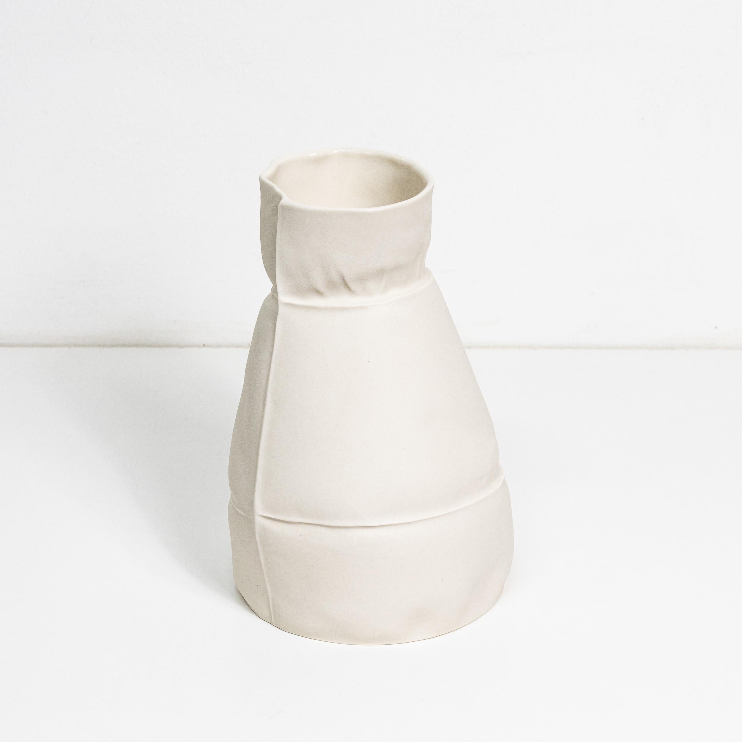 Organic Modern Organic White Ceramic Kawa Vase #16, Leather-Cast Porcelain Flower Vessel For Sale