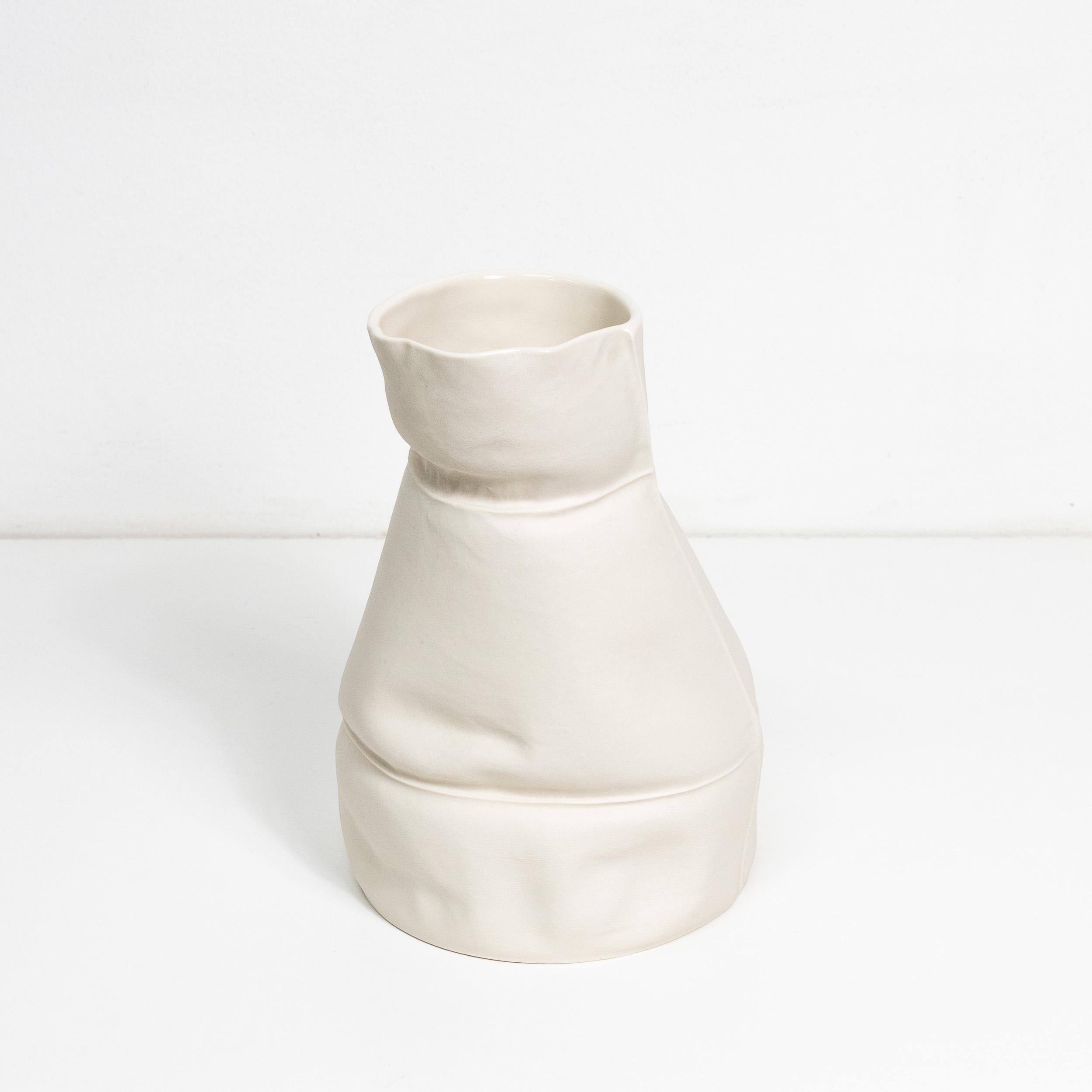 American Organic White Ceramic Kawa Vase #16, Leather-Cast Porcelain Flower Vessel For Sale