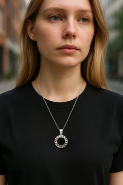 In Style of Bvlgari 950 Silver & Onyx Pendant 18" Long Silver Necklace