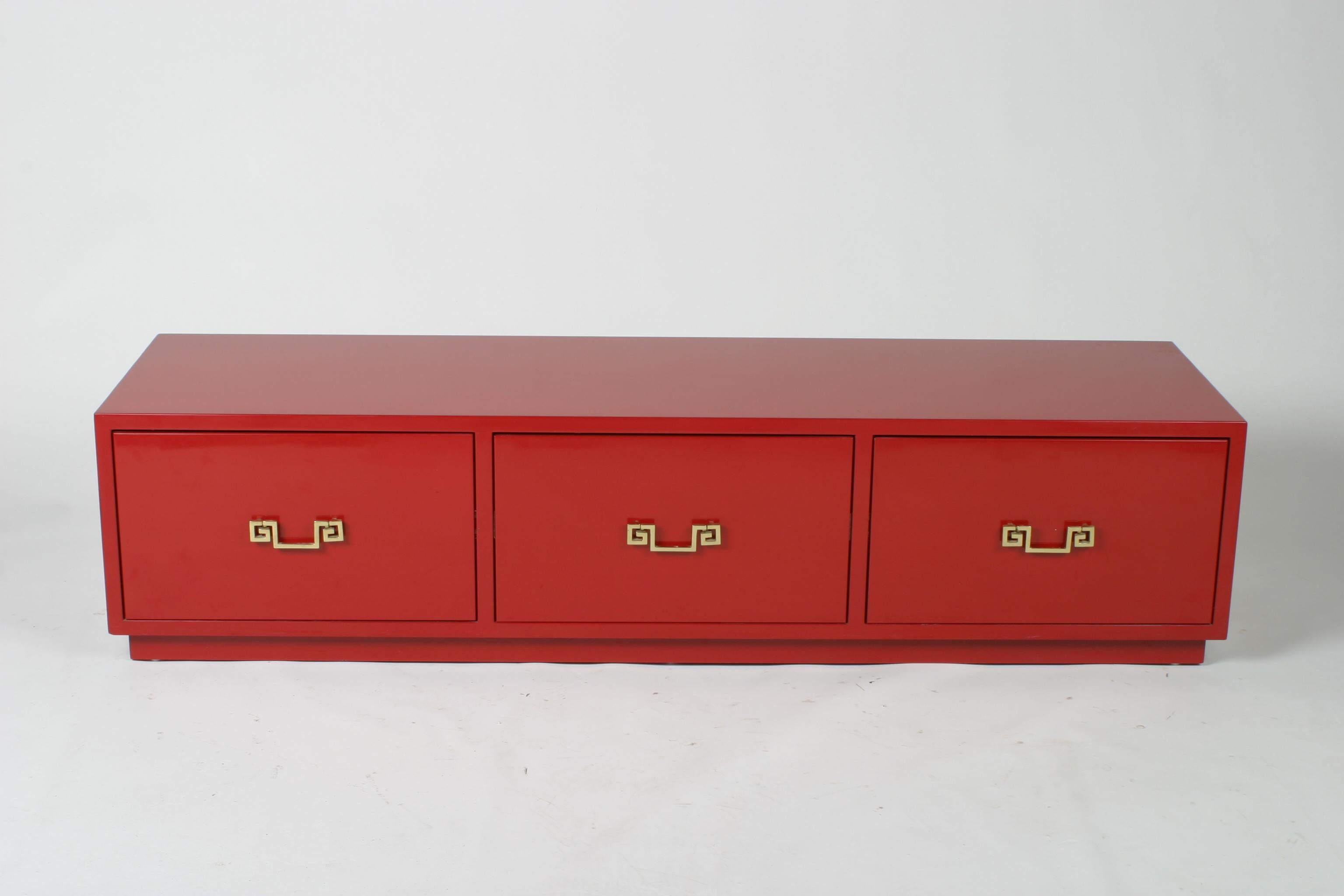American In Style of David Hicks Low Red Lacquer Chest of Drawers with Brass Handles For Sale