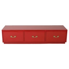 In Style of David Hicks Low Red Lacquer Chest of Drawers with Brass Handles