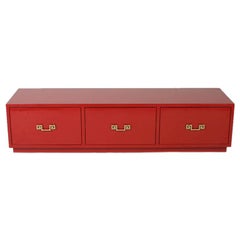 Vintage In Style of David Hicks Low Red Lacquer Chest of Drawers with Brass Handles