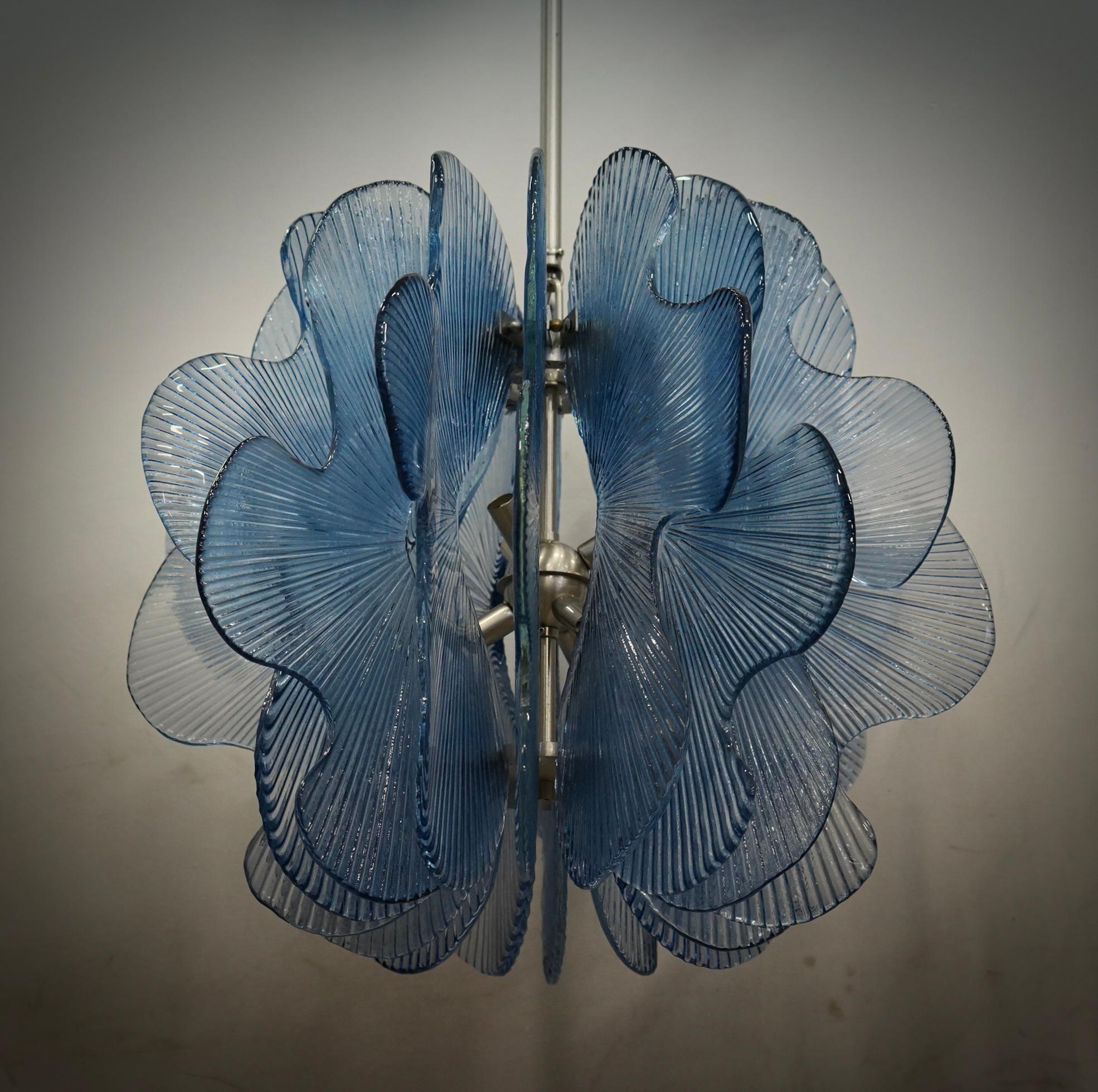 Mid-Century Modern In style of Fontana Arte Murano Aqua Blu Glass Chandeliers and Pendant, 1990 For Sale