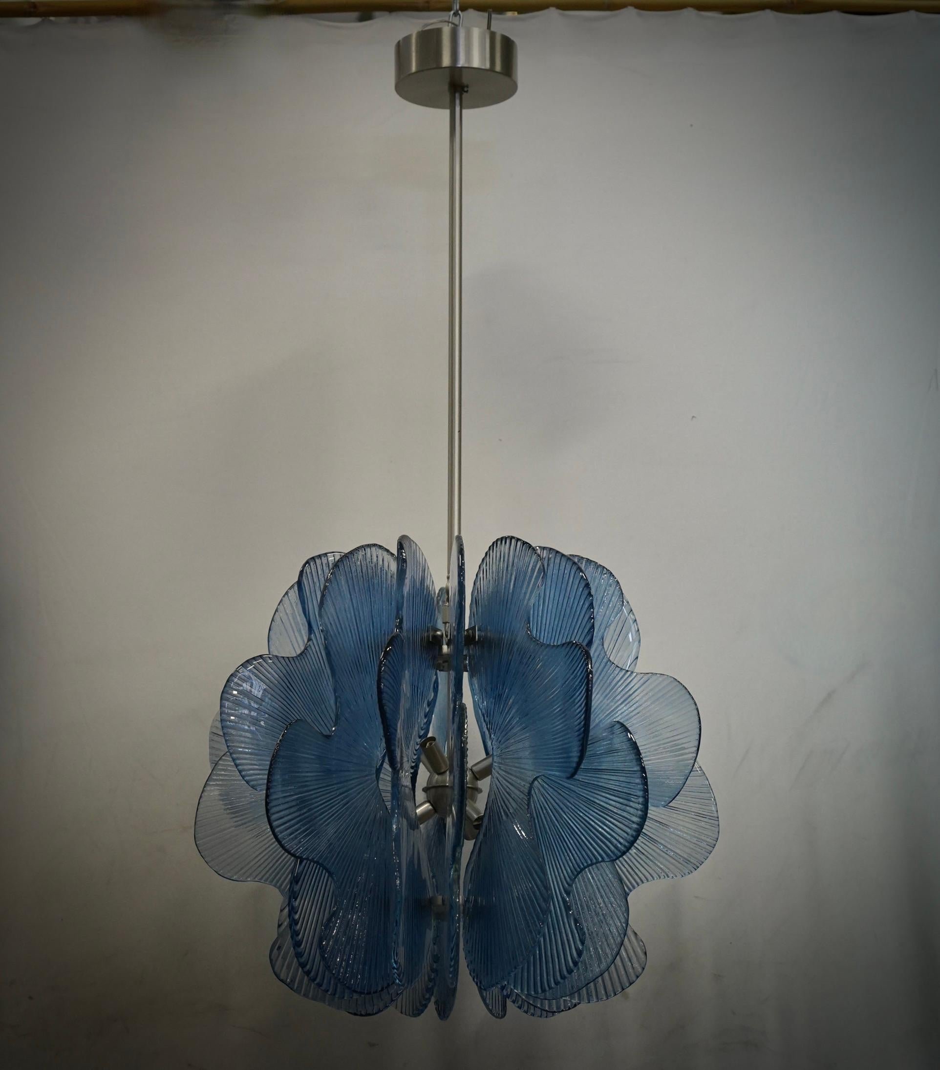 Late 20th Century In style of Fontana Arte Murano Aqua Blu Glass Chandeliers and Pendant, 1990 For Sale
