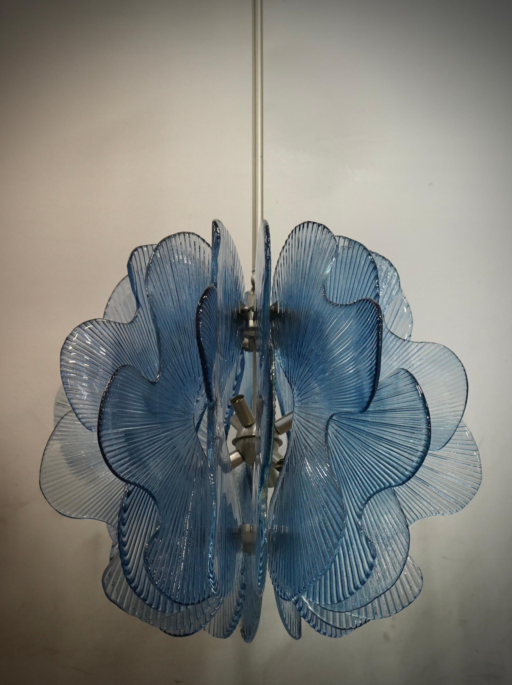 In style of Fontana Arte Murano Aqua Blu Glass Chandeliers and Pendant, 1990 For Sale 1