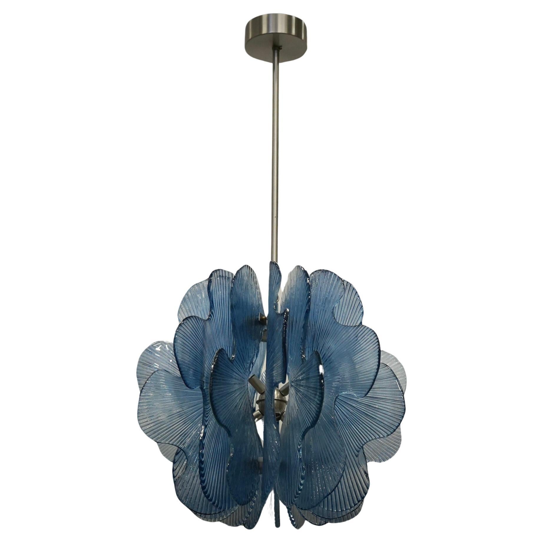 In style of Fontana Arte Murano Aqua Blu Glass Chandeliers and Pendant, 1990 For Sale