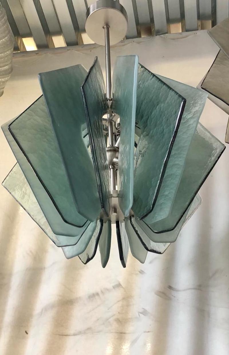 In style of Fontana Arte Murano Aqua Green Glass Chandeliers and Pendant, 1980 In Good Condition For Sale In Rome, IT