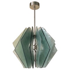 In style of Fontana Arte Murano Aqua Green Glass Chandeliers and Pendant, 1980