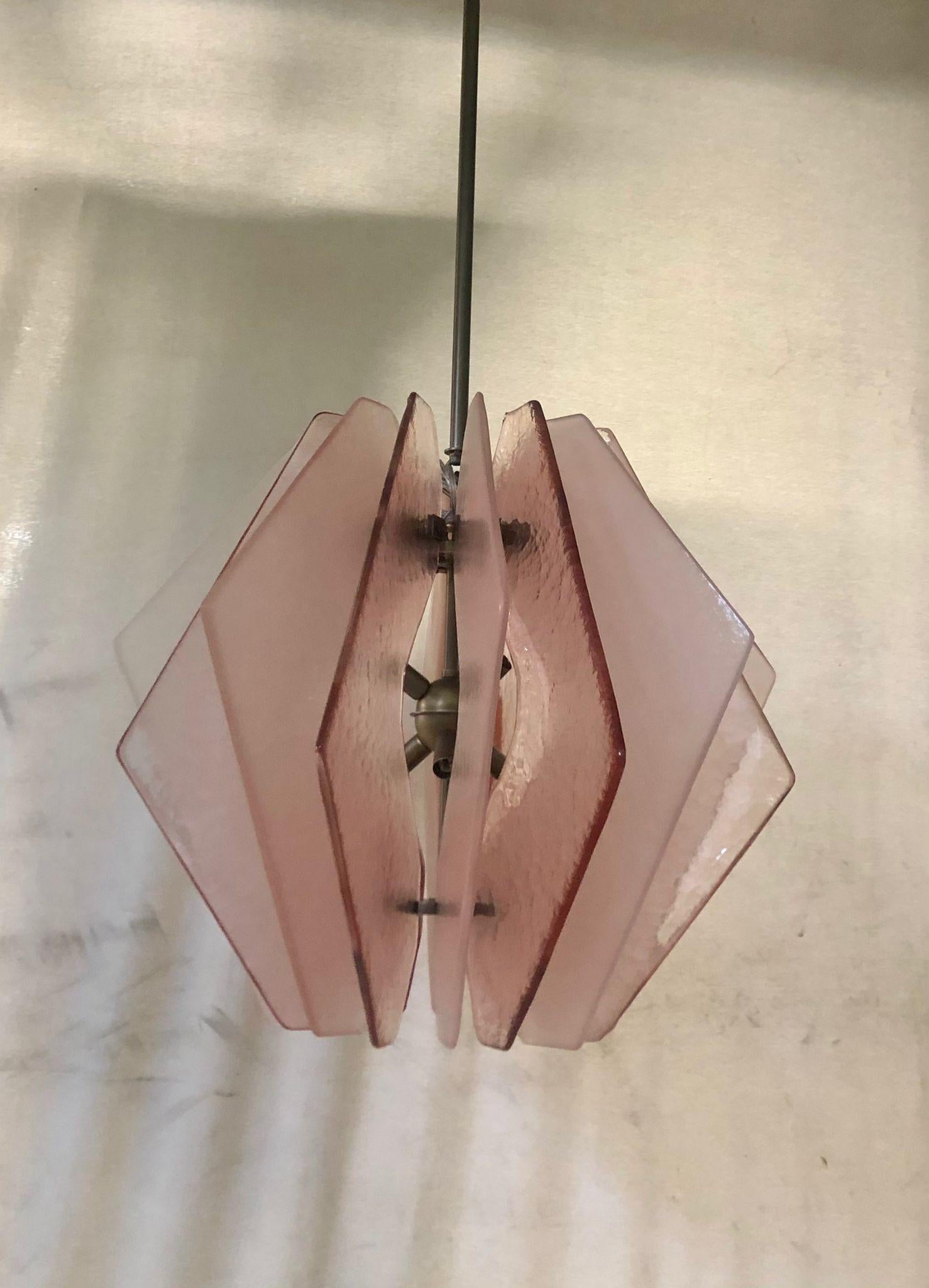 Italian In style of Fontana Arte Murano Round Pink Glass Chandeliers and Pendant, 1980 For Sale