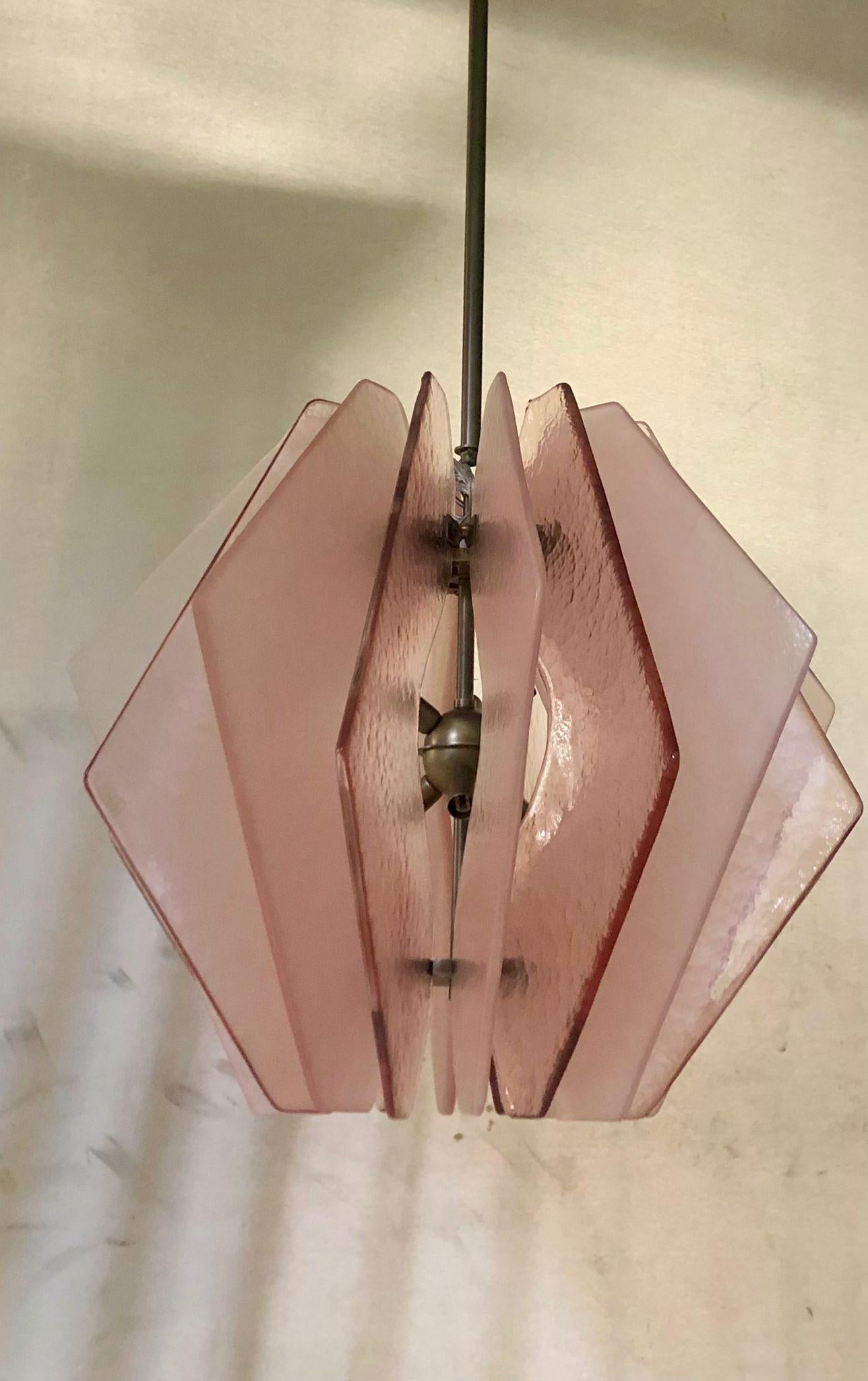 In style of Fontana Arte Murano Round Pink Glass Chandeliers and Pendant, 1980 For Sale 1
