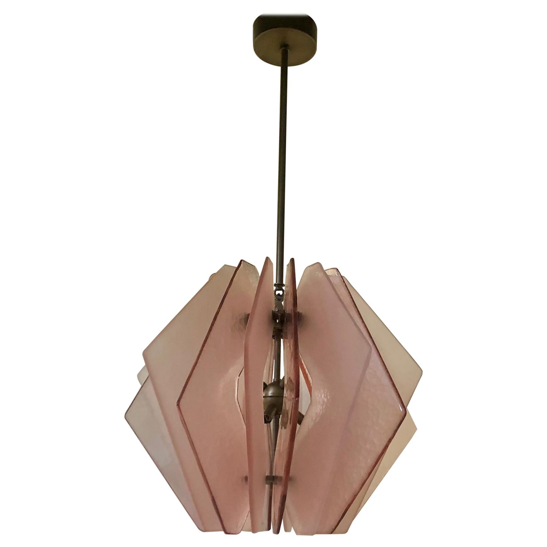 In style of Fontana Arte Murano Round Pink Glass Chandeliers and Pendant, 1980