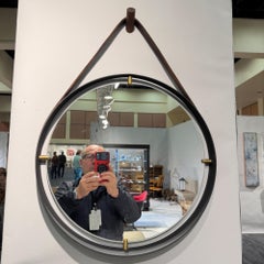 In Style of French Modernist Jacques Adnet Equestrian Leather Round Wall Mirror