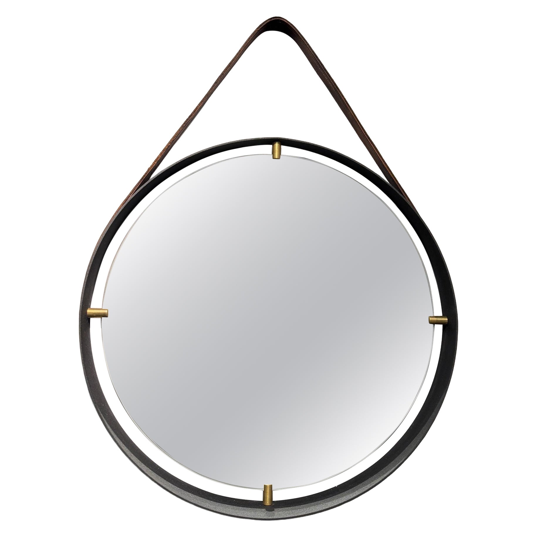 In Style of French Modernist Jacques Adnet Equestrian Leather Round Wall Mirror