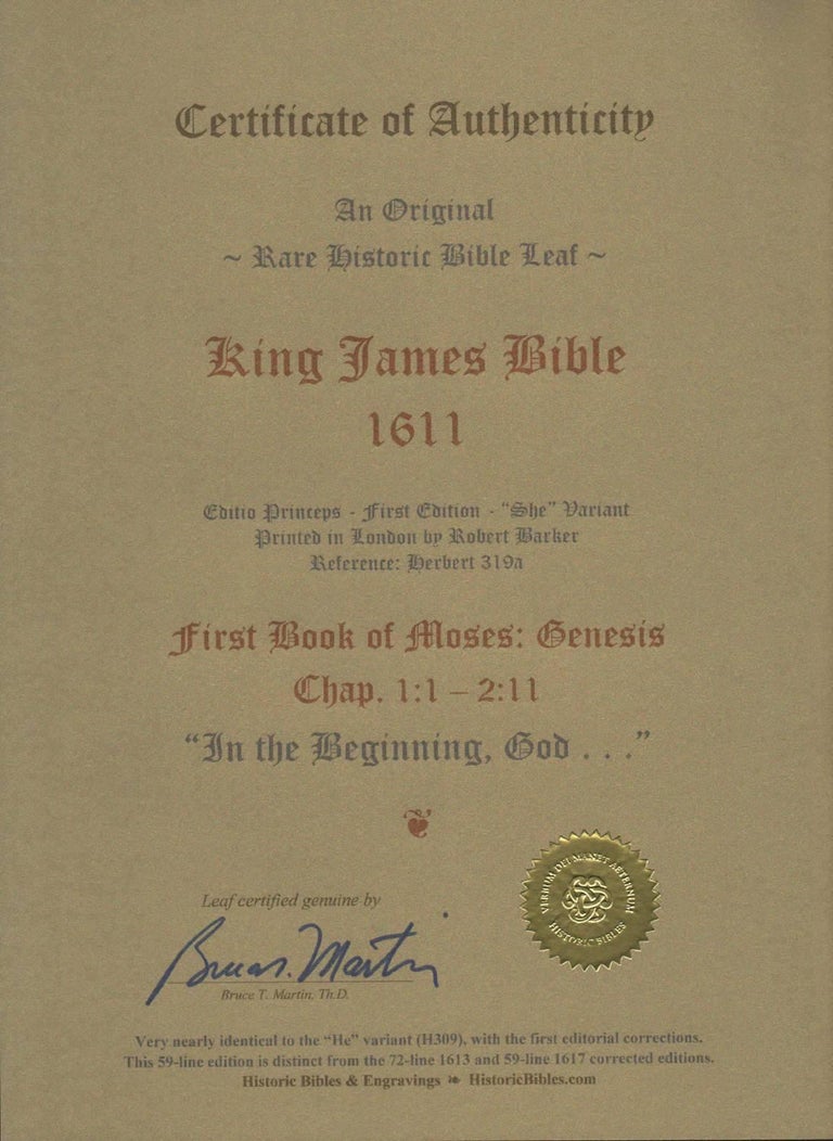 Hand-Crafted In the Beginning, Genesis 1, 1611 King James Bible For Sale