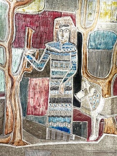 "in the Forest, " Midcentury Églomisé Painting with Woman and Dog in Red and Blue