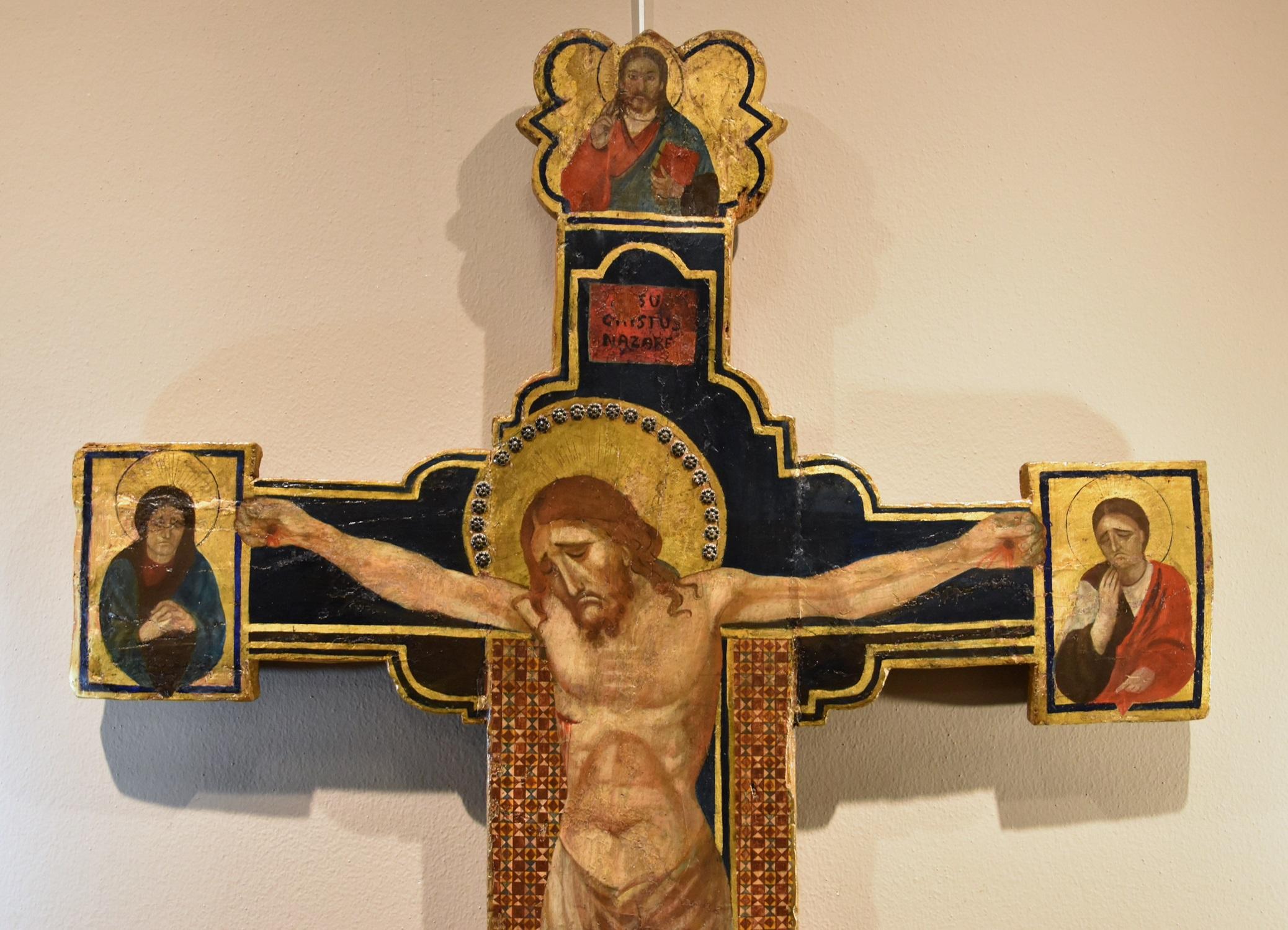 Antiguo Crucificado de Madera Témpera Giotto - Painting Medieval de In the manner of 14th century Tuscan painting
