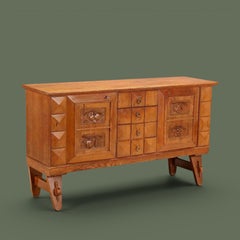 In the Manner of Charles Dudouyt, Oak Sideboard, Carved Panels, France, 1940s