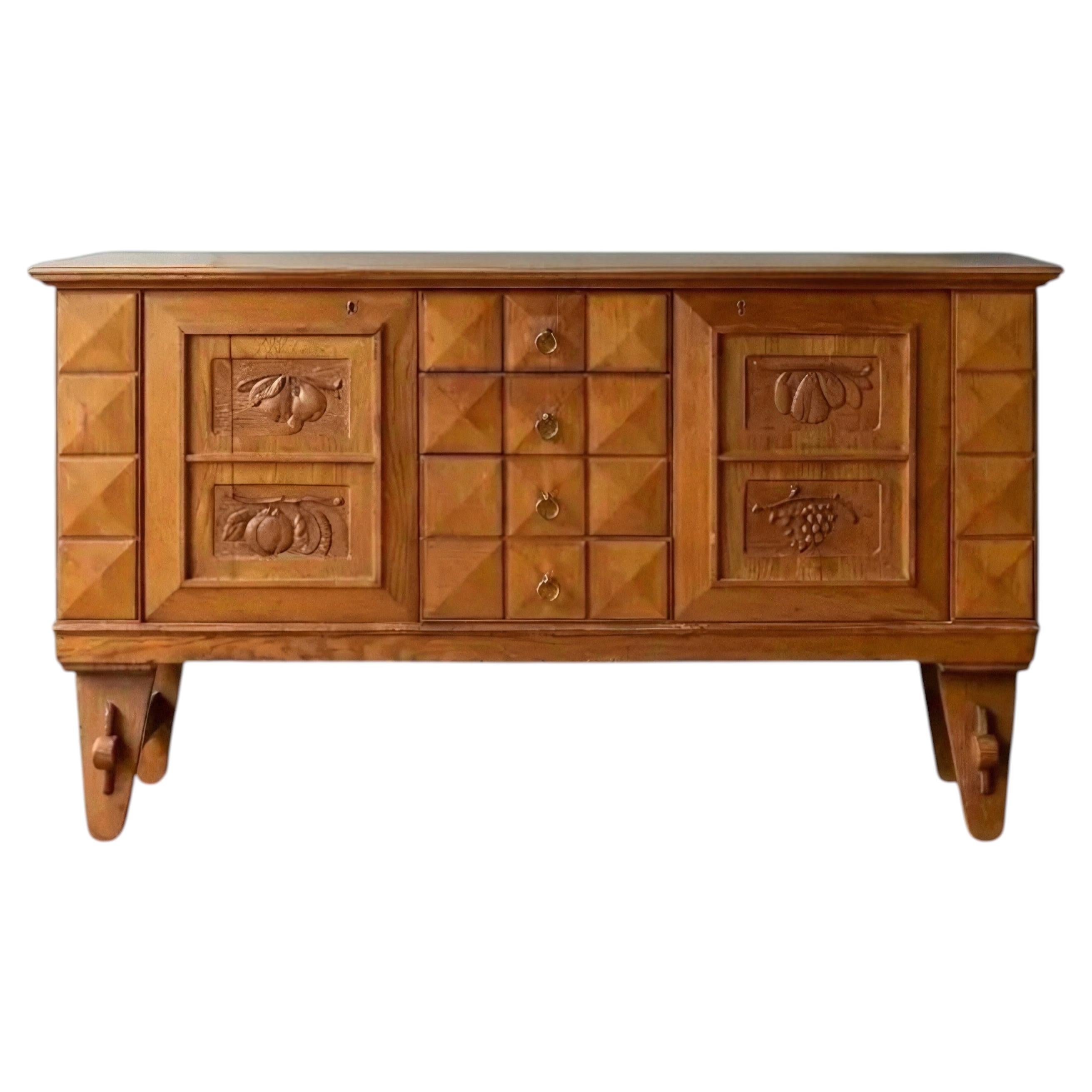 In the Manner of Charles Dudouyt, Oak Sideboard, Carved Panels, France, 1940s For Sale