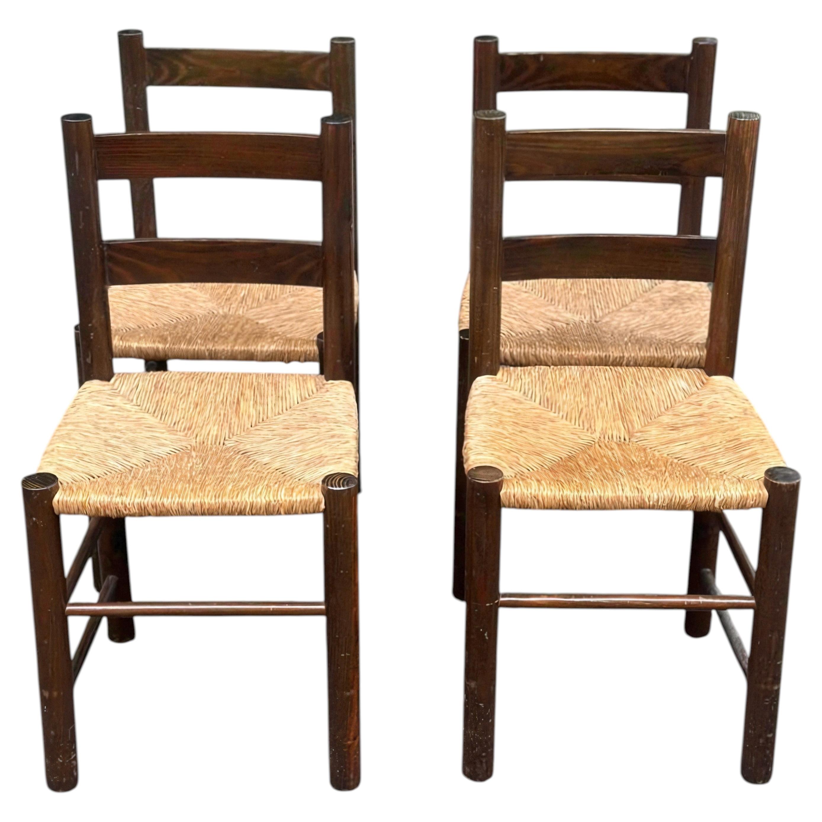 In the Manner of Charlotte Perriand, Set of Four Pine and Rush Dining Chairs, 19