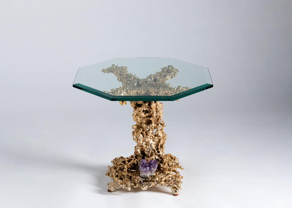 French In the Manner of Claude Boeltz, Bronze Eclaté Side Table, France, circa 1970s For Sale