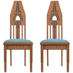 Antique In the Manner of Eliel Saarinen, Pair of Finnish Carved Oak Jugend Side Chairs