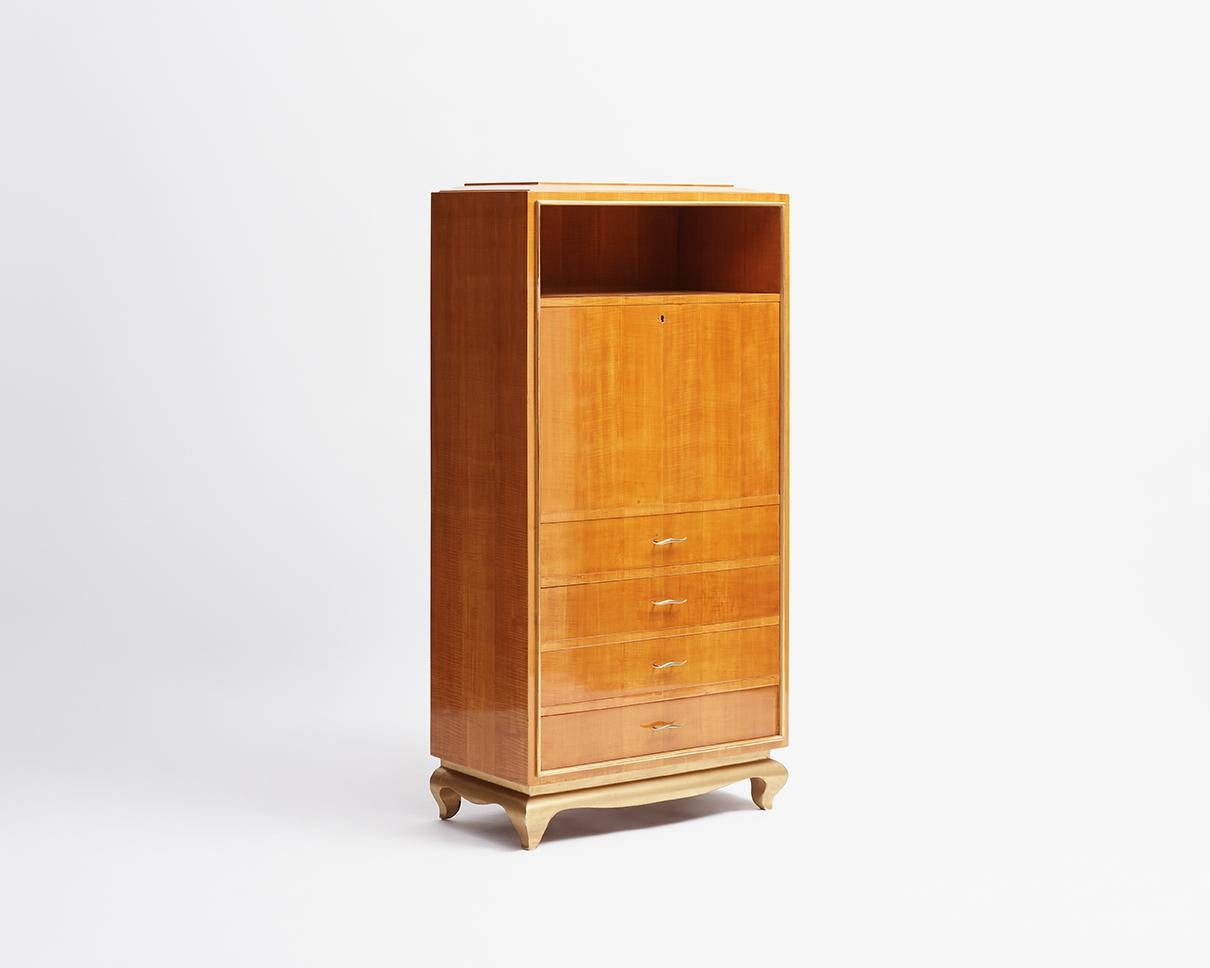 French In the Manner of Jean Pascaud, Art Deco Drop Front Secretary, France, circa 1935 For Sale